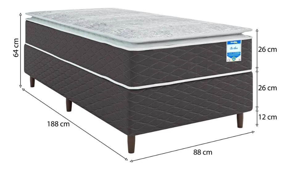Cama Box Solteiro Cinza E Colchão Solteiro Molas Ensacadas 88x188x64 Pillow Top Bertha Umaflex - Imagem 3