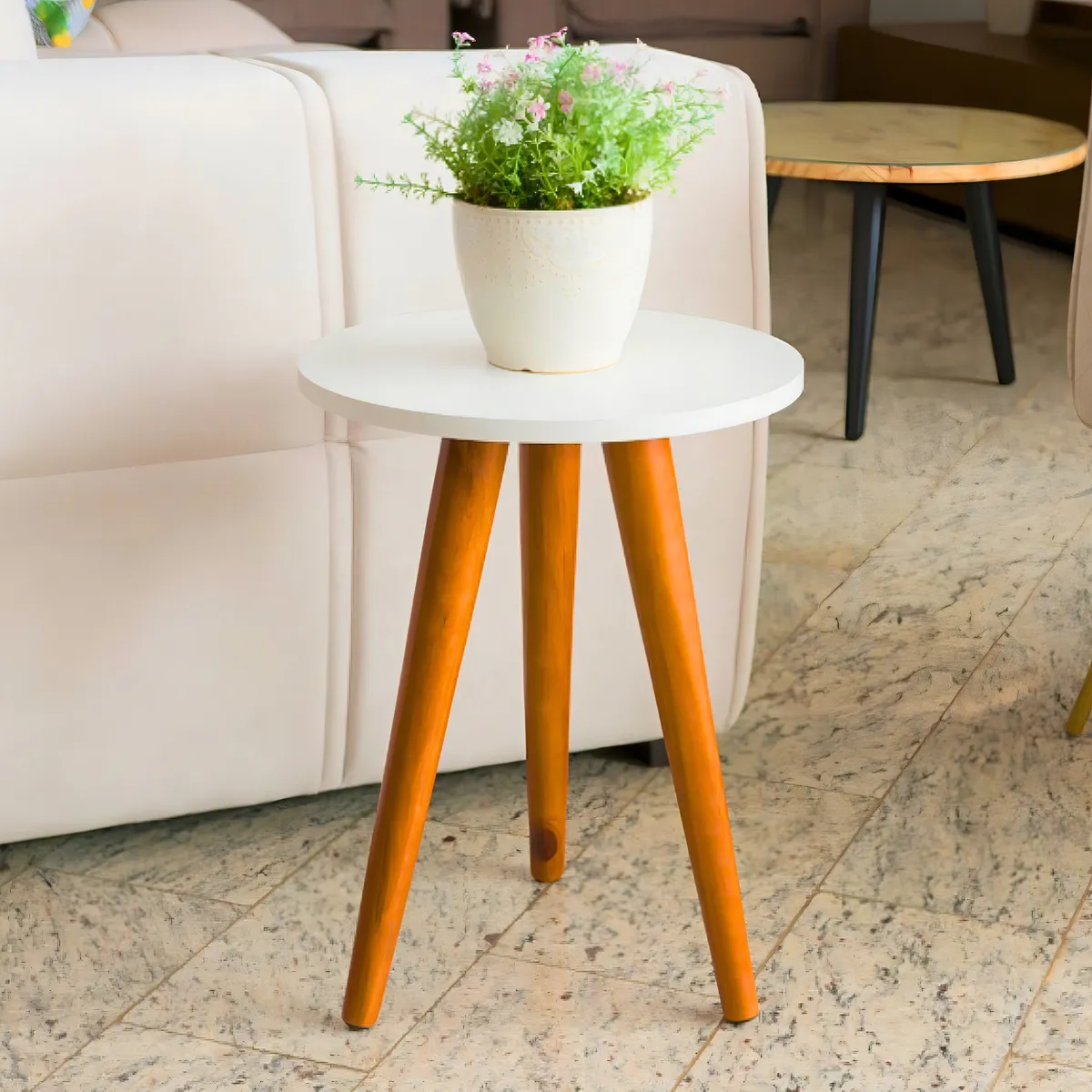 Mesa Lateral Redonda Pequena Decorativa Macramiss Mesinha De Centro Canto Apoio Retro Cabeceira Mudo Tripé Pés Palito Madeira Maciça Mdf Porta Objetos Decoração P/ Sala Quarto Infantil Sofa Cama Casa - Imagem 2