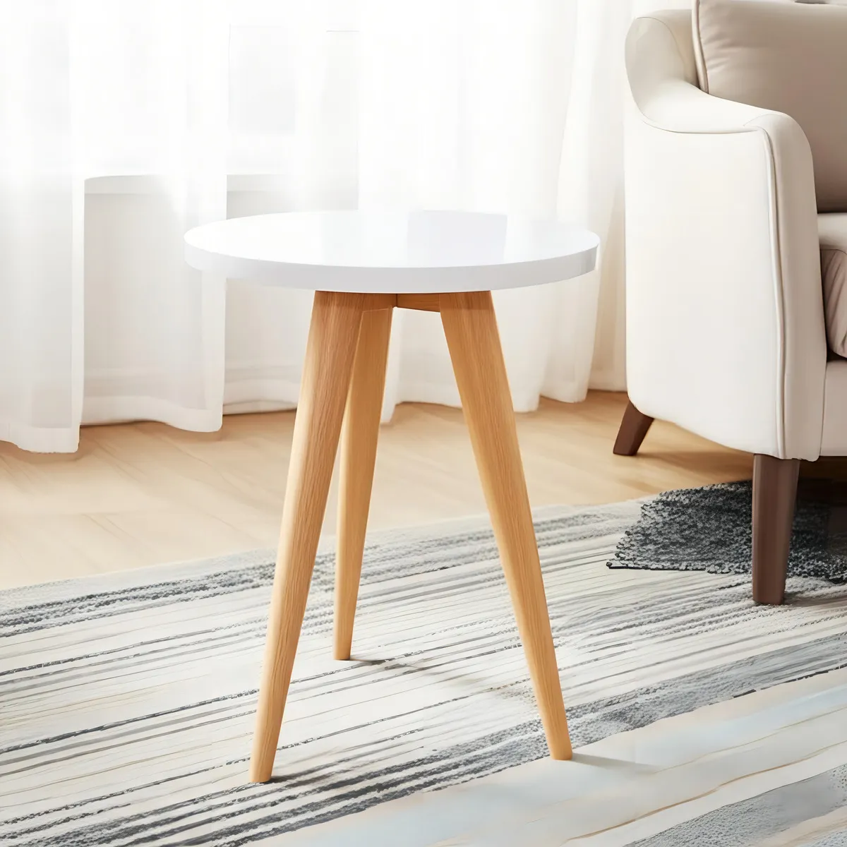 Mesa Lateral Redonda Pequena Decorativa Macramiss Mesinha De Centro Canto Apoio Retro Cabeceira Mudo Tripé Pés Palito Madeira Maciça Mdf Porta Objetos Decoração P/ Sala Quarto Infantil Sofa Cama Casa - Imagem 3