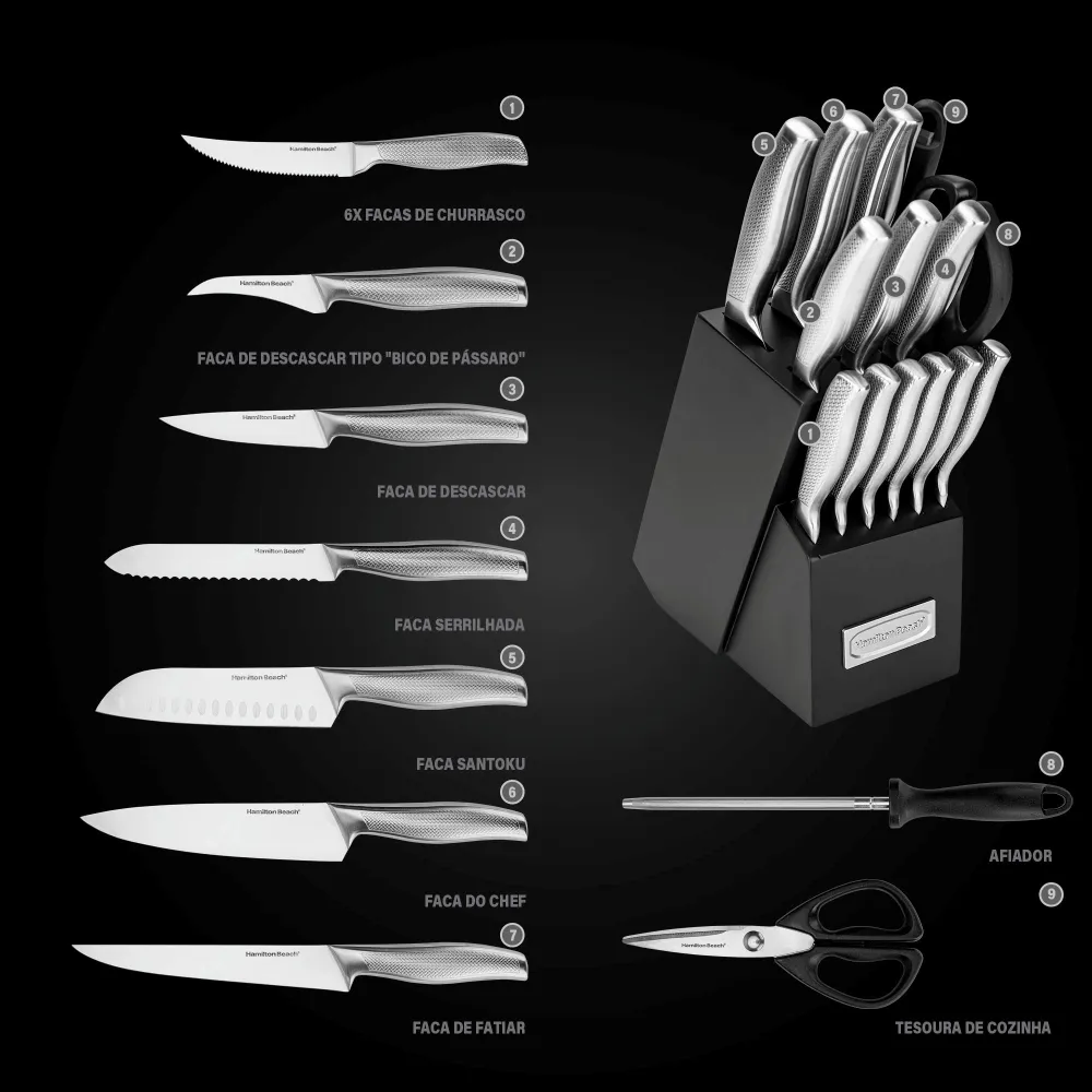 Jogo De Facas Conjunto Inox Com Suporte 15 Peças Hamilton Beach Cutpro - Imagem 5