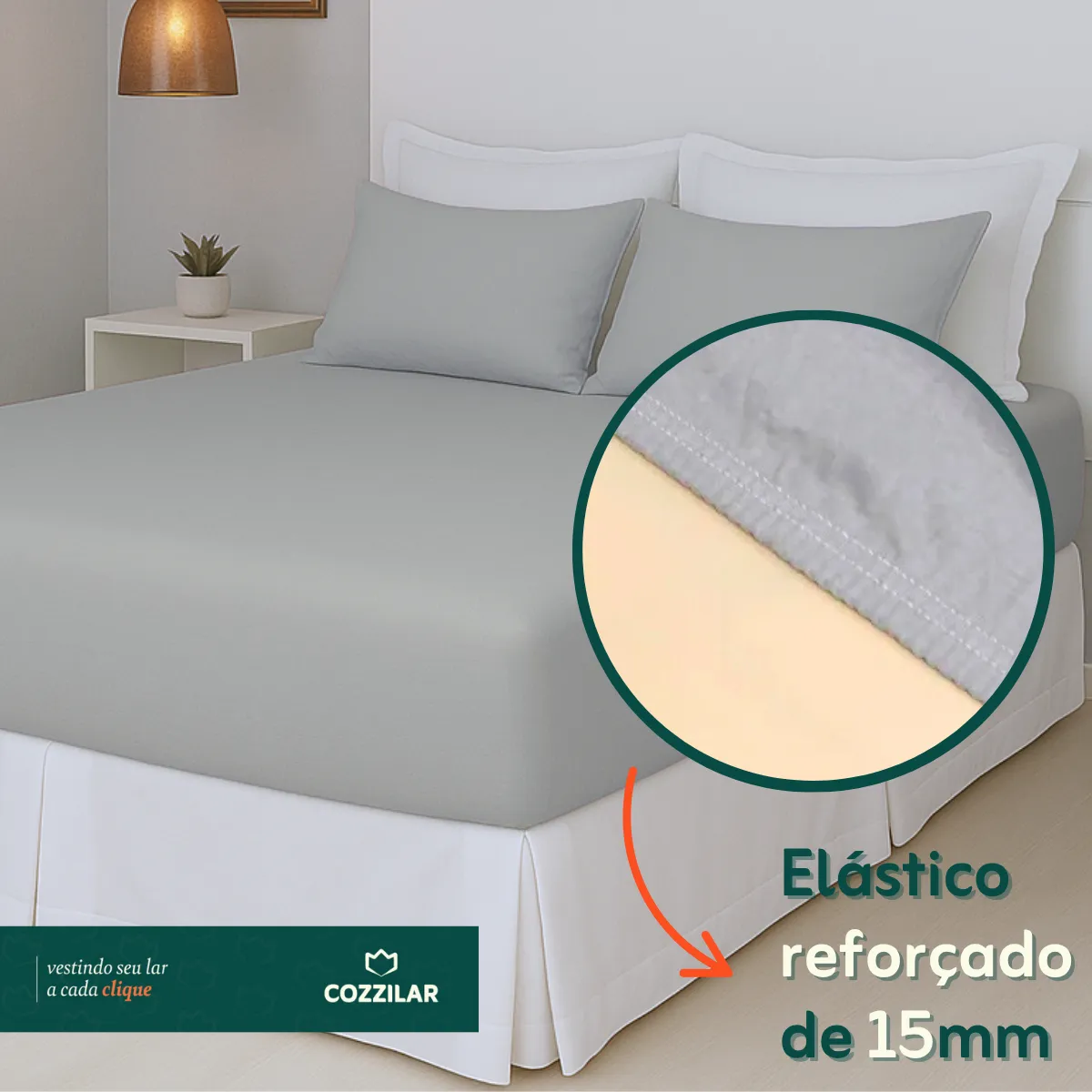 Jogo De Lençol Cama Queen Size 3 Peças Box Liso Com Elástico Malha 100% Algodão Cozzilar Toque Macio Hotel Pousada Cinza - Imagem 3